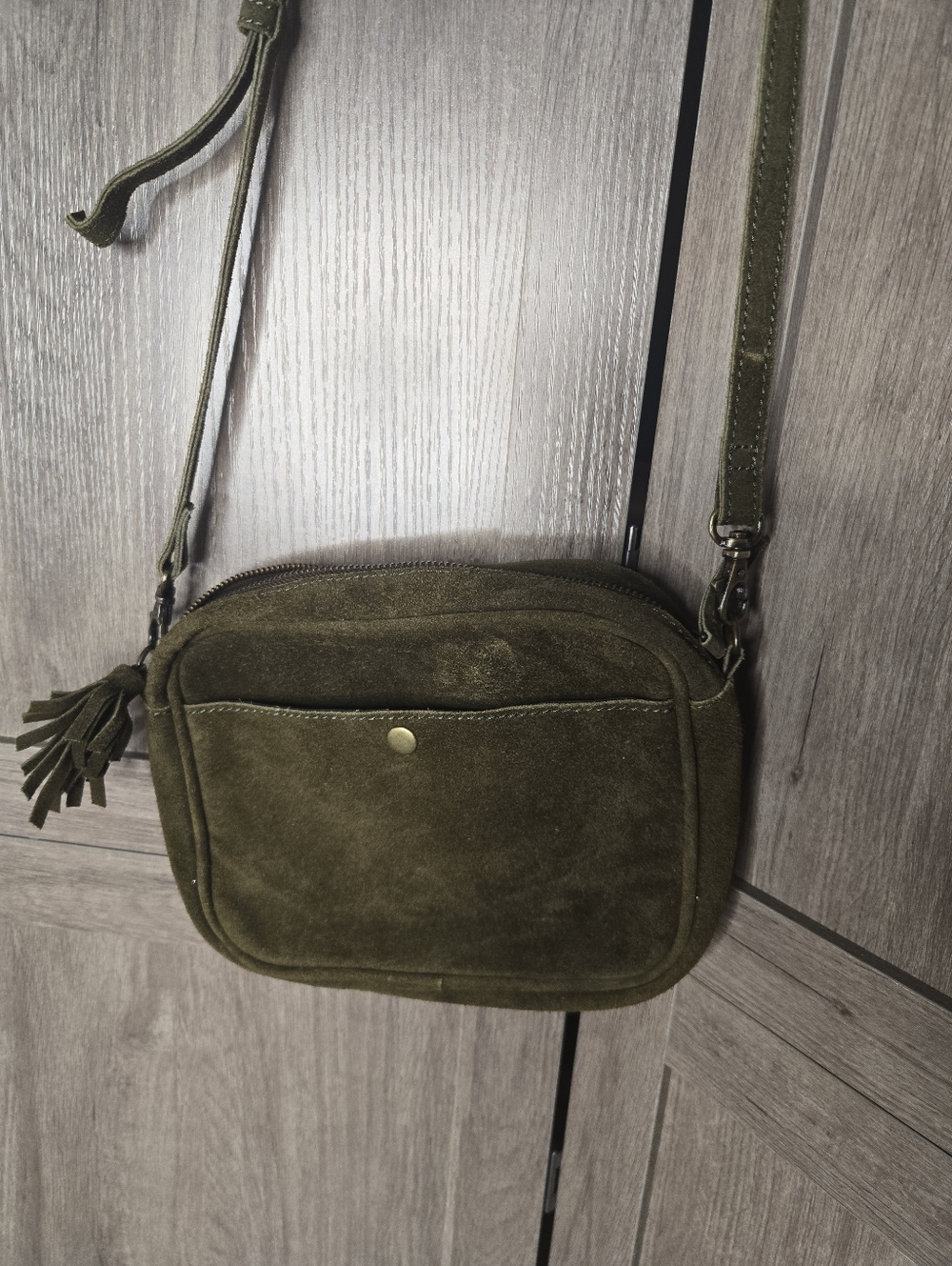 World Market Suede Crossbody Bag Olive Green Tassel